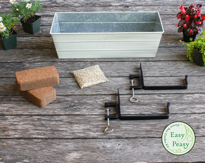 Easy Peasy Grow Kit with Clamp-On Brackets and 24" White Flower Windowbox Planter