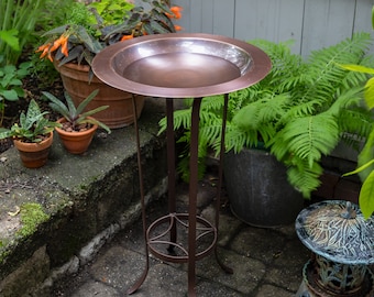 18" Copper Birdbath Bowl with Bronze Wrought Iron Patio Stand