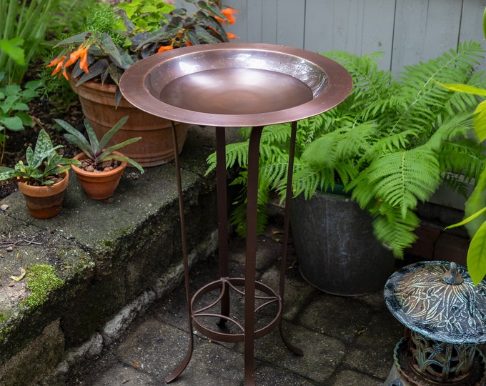 18" Copper Birdbath Bowl with Bronze Wrought Iron Patio Stand