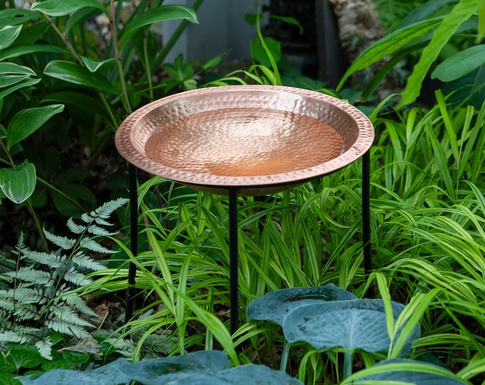 14" Hammered Solid Copper Birdbath bowl with 18" High Wrought Iron Ring Stand