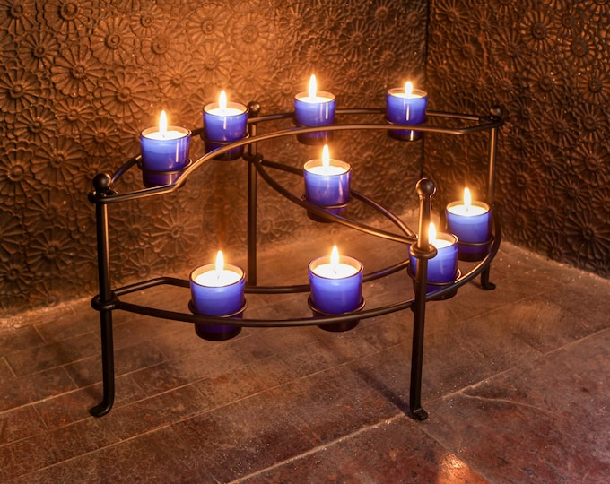 Wrought Iron Galaxy Candelabra with Blue Glass Votive Candles