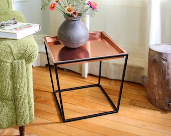 Modern Side Table or Plant Stand, Iron with Copper Tray