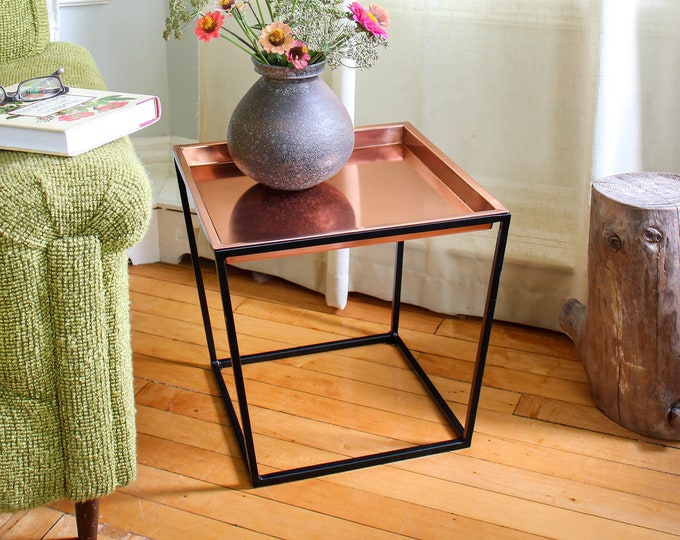 Modern Side Table or Plant Stand, Iron with Copper Tray