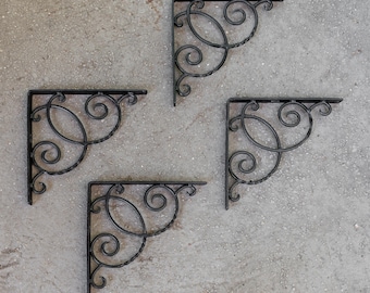 Scroll Wrought Iron Shelf Brackets, Two Pairs