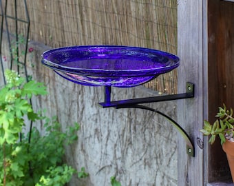 14" Cobalt Blue Crackle Glass Birdbath with Wall Bracket