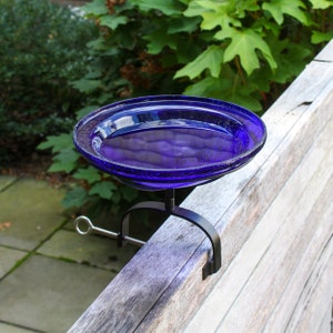 12&quot; Cobalt Blue Crackle Glass Birdbath with with Over Deck or Hand Rail Bracket