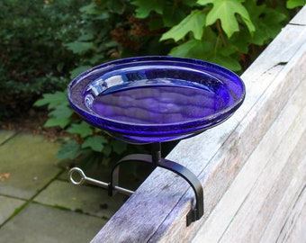 12" Cobalt Blue Glass Birdbath with with Over Deck or Hand Rail Bracket