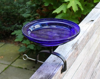 12" Cobalt Blue Crackle Glass Birdbath with with Over Deck or Hand Rail Bracket