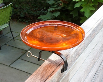 14" Tangerine Glass Birdbath with with Over Deck or Hand Rail Bracket