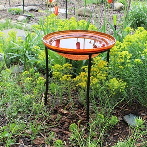 12 Tangerine Crackle Glass Birdbath Bowl With Wrought - Etsy