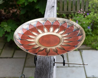 Red Daisy Sunflower Birdbath with Over Deck Hand Railing Bracket