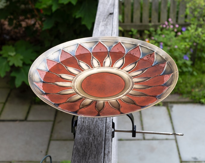 Red Daisy Sunflower Birdbath with Over Deck Hand Railing Bracket