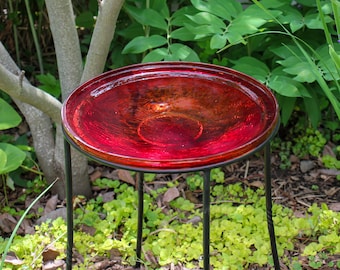 14" Brilliant Tomato Red Birdbath Bowl with 18" Tall Wrought Iron Ring Stand
