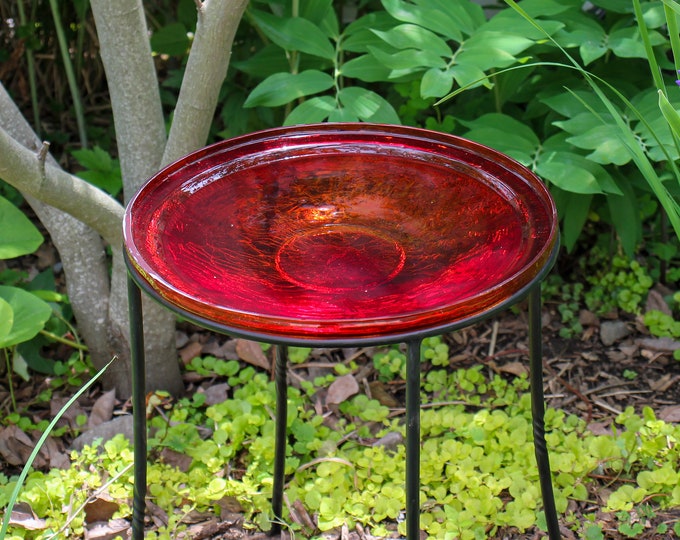 14" Brilliant Tomato Red Birdbath Bowl with 18" Tall Wrought Iron Ring Stand