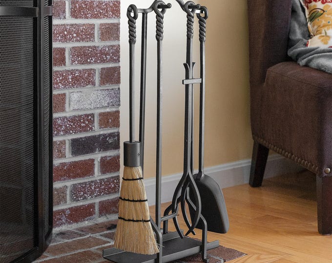 26 1/2"H Gretel Inline Wrought Iron Fireplace or Stove Tool Set -Rope Handles