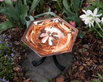 Hexagonal Copper Birdbath for Pollinator Gardens with Small Wrought Iron Stand