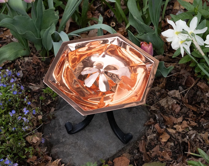 Hexagonal Copper Birdbath for Pollinator Gardens with Small Wrought Iron Stand