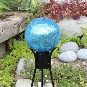 6 Deep Turquoise Mirrored Crackle Glass Garden Gazing Ball with Wrought Iron Stand image 2