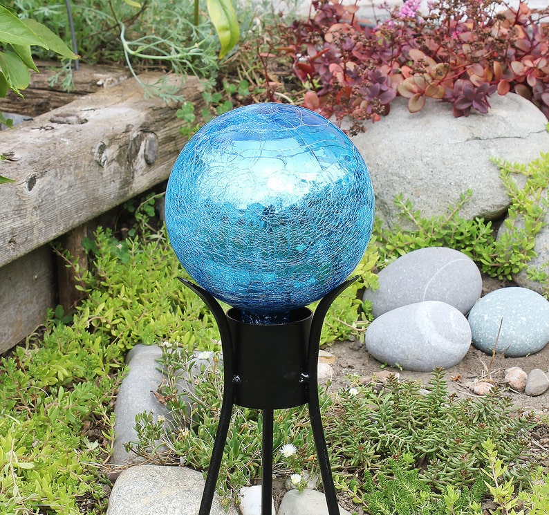 6 Deep Turquoise Mirrored Crackle Glass Garden Gazing Ball with Wrought Iron Stand image 2