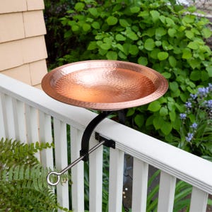 14" Solid Copper Hammered  Birdbath with Over Deck or Hand Railing Bracket