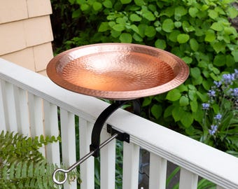 14" Solid Copper Hammered  Birdbath with Over Deck or Hand Railing Bracket