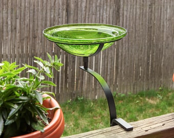 12" Green Glass Birdbath with Clamp-On Handrail Bracket