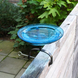 12&quot; Turquoise Crackle Glass Birdbath with with Over Deck or Hand Rail Bracket