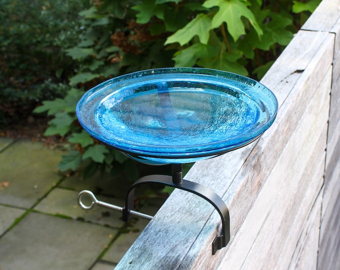 12" Turquoise Crackle Glass Birdbath with with Over Deck or Hand Rail Bracket