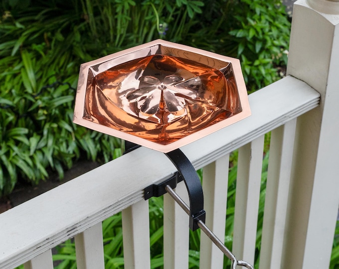 Hexagonal Copper Birdbath Bee Fountain for Pollinator Gardens with Over Deck or Hand Railing Bracket