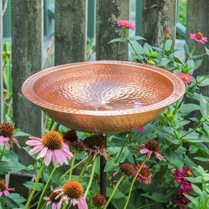 Solid Copper Hammered Birdbath with Rim on Garden Stake