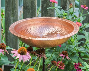 Solid Copper Hammered Birdbath with Rim on Garden Stake