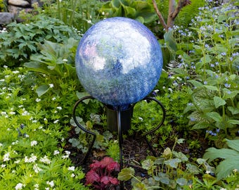 10" Light Blue Crackle Glass Gazing Ball with Short Stand