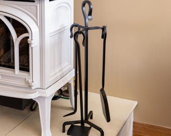 3-Tool, 26"H Shepherd's Hook Wrought Iron Woodstove Fireplace Tool Set