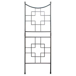 May include: A black metal garden trellis with a geometric design. The trellis has two levels of square and cross shapes.