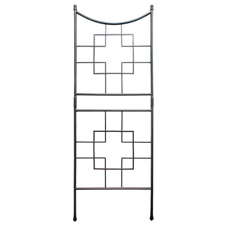 May include: A black metal garden trellis with a geometric design. The trellis has two levels of square and cross shapes.