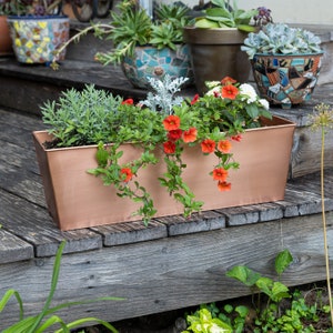 May include: A copper planter box filled with a variety of plants, including lavender, succulents, and flowering plants with orange blossoms. The planter is sitting on a wooden deck.