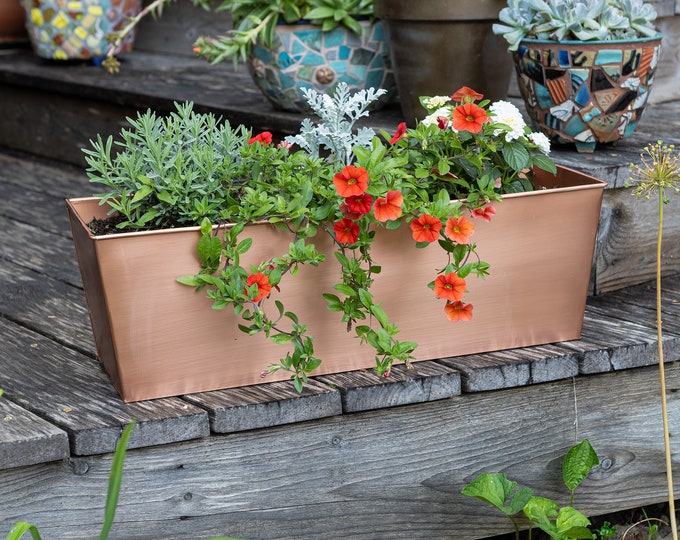 23" Copper Plated Flower Windowbox Planter, Plain