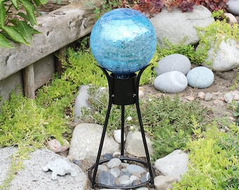 6" Deep Turquoise Mirrored Crackle Textured Glass Garden Gazing Ball with Wrought Iron Stand