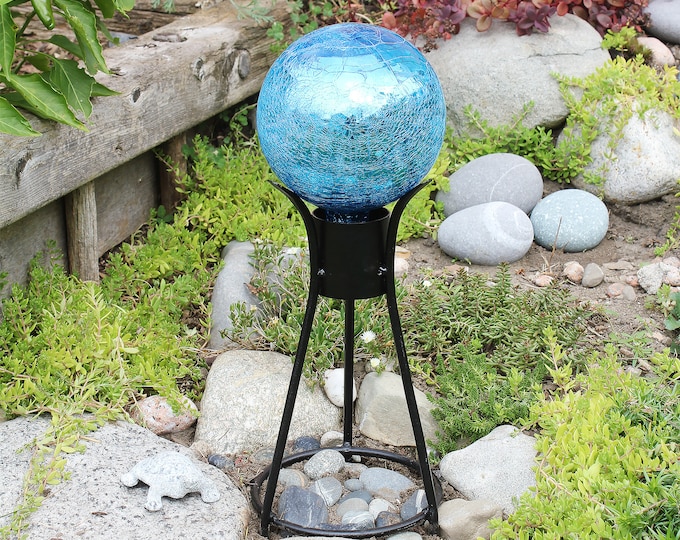 6" Deep Turquoise Mirrored Crackle Glass Garden Gazing Ball with Wrought Iron Stand
