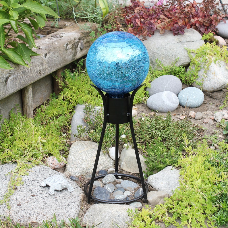 6 Deep Turquoise Mirrored Crackle Glass Garden Gazing Ball with Wrought Iron Stand image 1