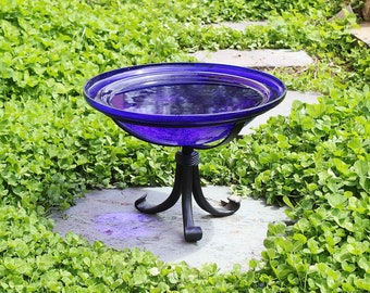 12" Cobalt Blue Crackle Glass Birdbath with Small Stand