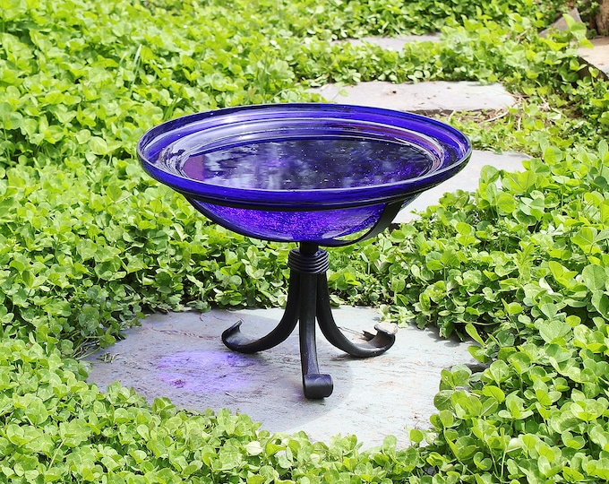 12" Cobalt Blue Glass Birdbath with Small Stand