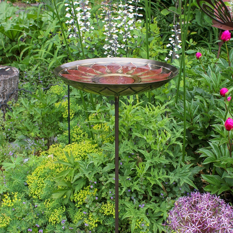 Red Daisy Sunflower Embossed Brass Birdbath on Garden Stake - Etsy