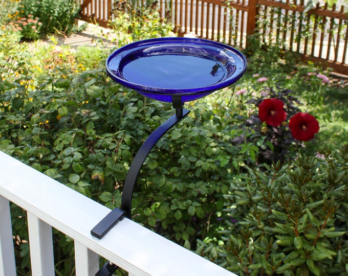 12" Cobalt Blue Glass Birdbath with Clamp-On Handrail Bracket