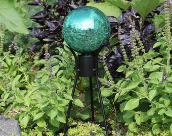 6" Deep Emerald Mirrored Crackle Textured Glass Garden Gazing Ball with Wrought Iron Stand