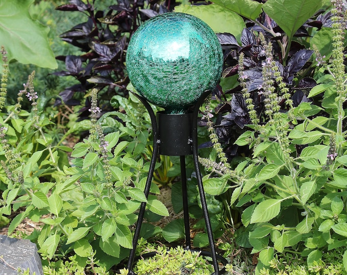 6" Deep Emerald Mirrored Crackle Glass Garden Gazing Ball with Wrought Iron Stand