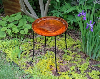14" Tangerine Crackle Glass Birdbath Bowl with 18" Tall Wrought Iron Ring Stand