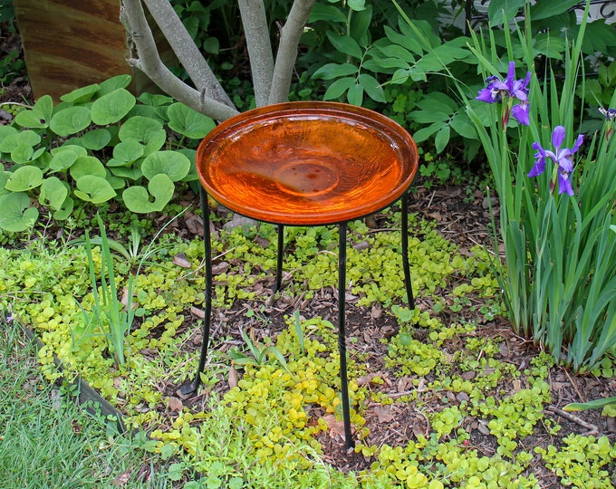 14" Tangerine Crackle Glass Birdbath Bowl with 18" Tall Wrought Iron Ring Stand