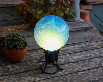 Celestial Crackle Glass Teal Globe with Plug-in Indoor/Outdoor Display Stand - Light Bulb Included