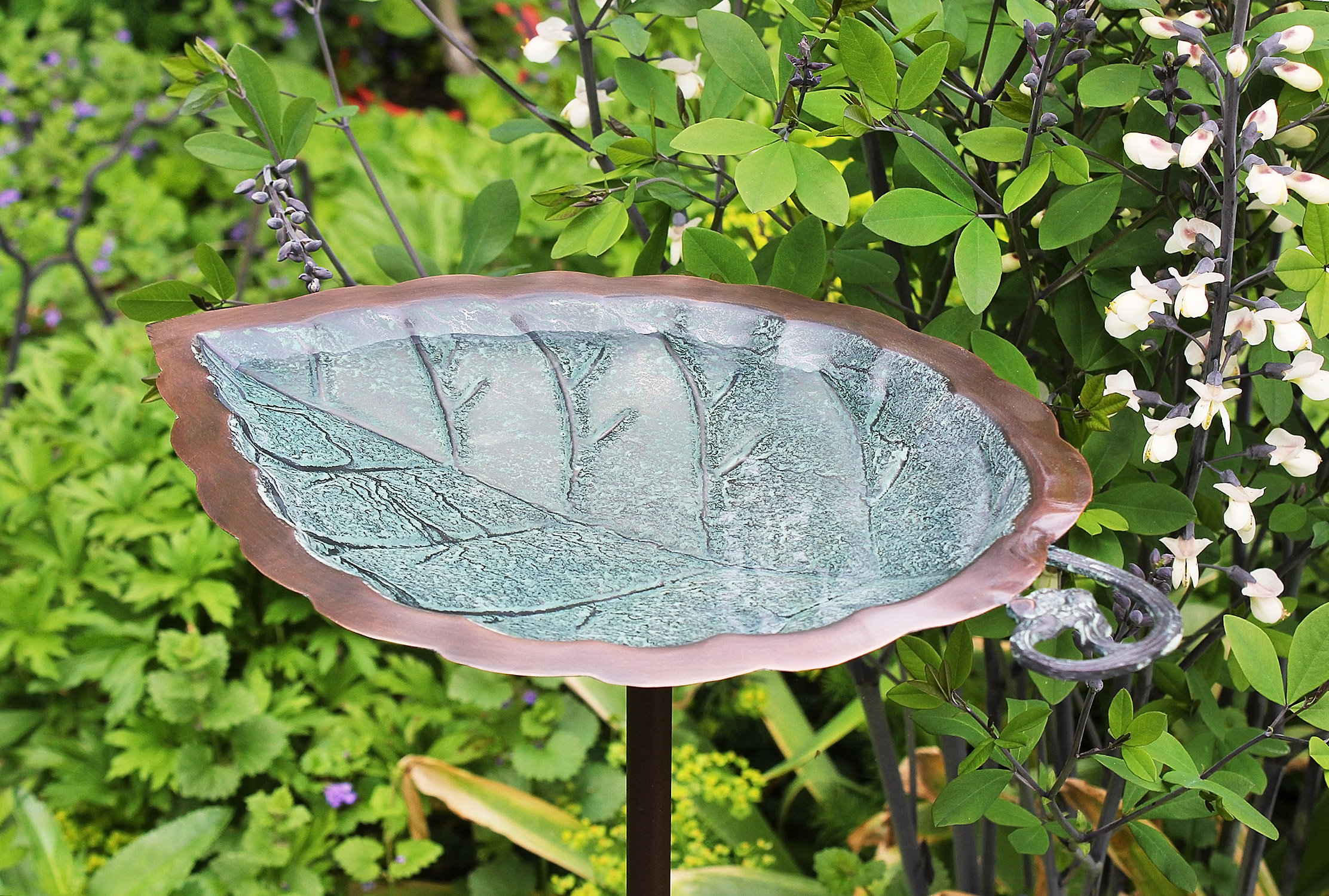 Hammered Leaf Copper Birdbath on Garden Stake